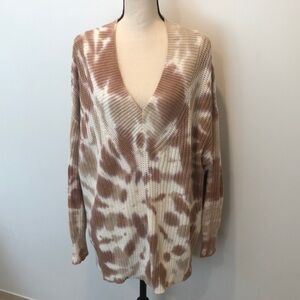 Aerie Oversized Sweater Ivory Brown Tie Dye Ribbed Pullover Long Sleeve Boho  M